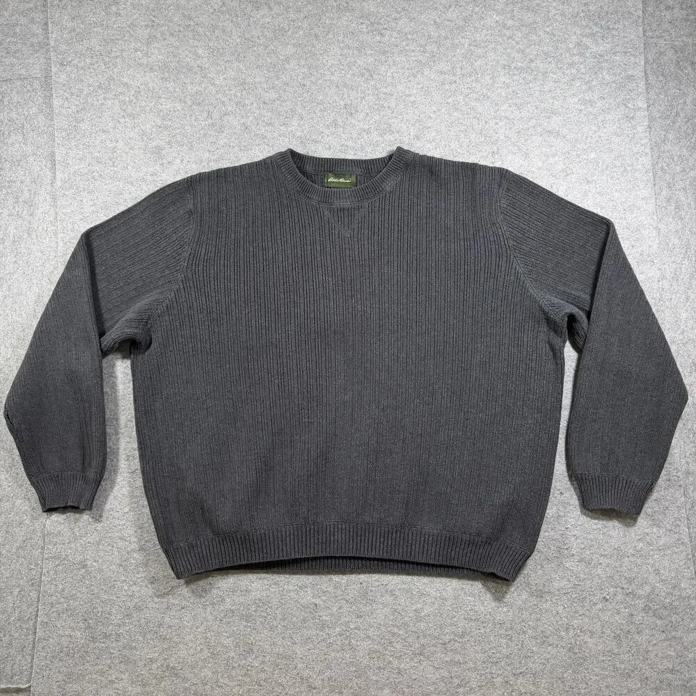 Vintage Eddie Bauer Sweater Mens L Charcoal Gray Crew Neck Cotton Ribb Knit Fall